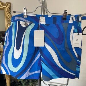Emilio Pucci Blue and Gray Board Shorts with Wave Pattern